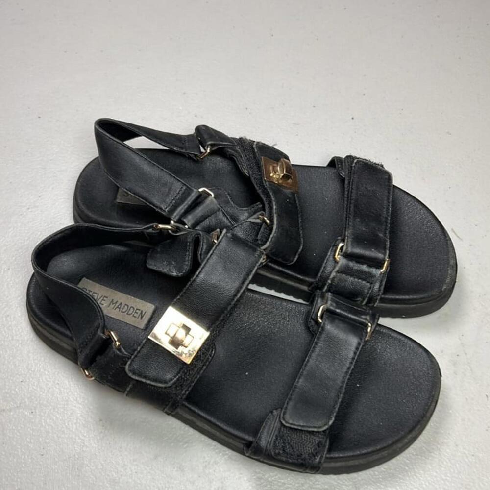 Steve Madden Mona Women's Black Leather Multi Strap Flatform Sandals Gold Buckle